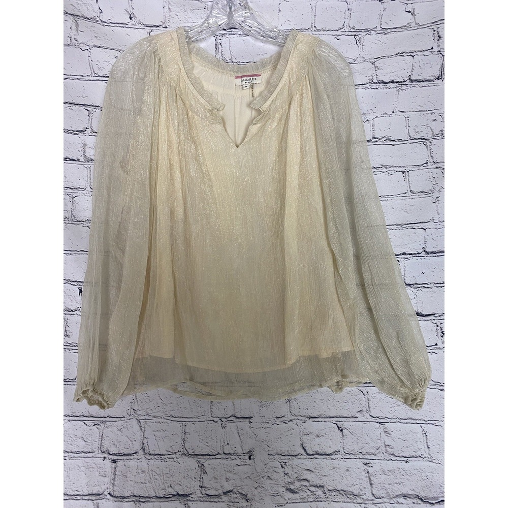 Andree By Unit Champagne Metallic Sheer Long Sleeve Lined Boho Blouse M